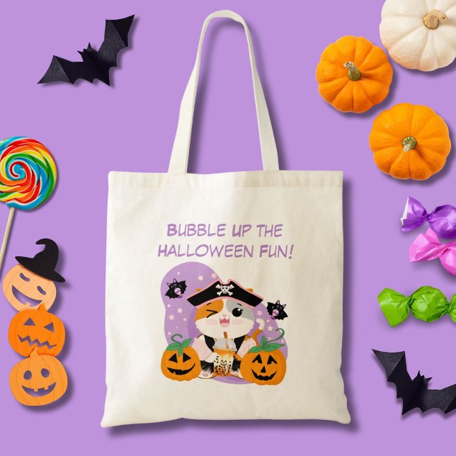 Bubble Tea with Pirate Kawaii Cat Halloween Fun Tote Bag (Creator Uploaded)