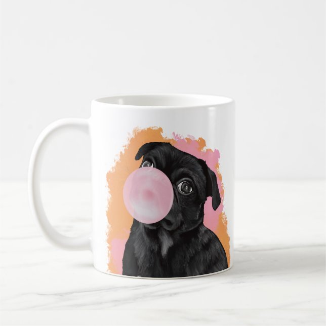Bubblegum Blowing Black Pug Pink And Orange Coffee Mug (Left)
