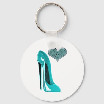 Bubblegum Blue Stiletto Shoe And 3d Heart Art Keychain by shoe_art at Zazzle