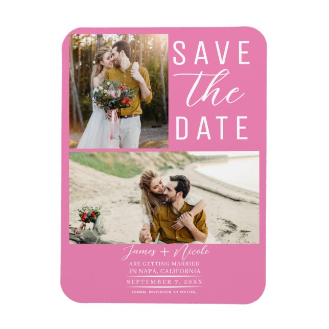 Bubblegum Pink 2 Photos Save the Date Wedding Magnet (Vertical)