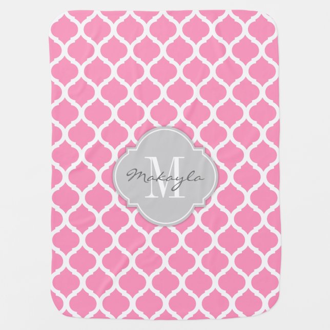 Bubblegum Pink and White Chevron with Monogram Baby Blanket (Front)