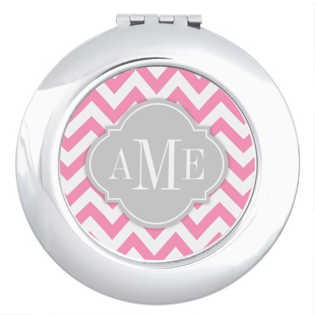 Bubblegum Pink Chevron with Monogram Makeup Mirror (Front)