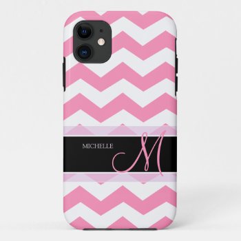 Bubblegum Pink Chevron With Personalized Monogram Iphone 11 Case by weddingsNthings at Zazzle