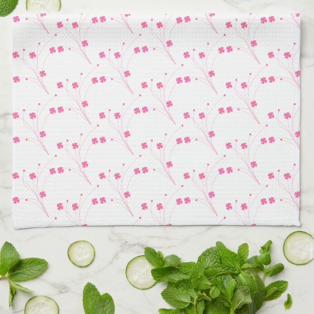 Bubblegum Pink Flowers, Small Floral Print Kitchen Towel (Folded)