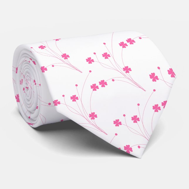 Bubblegum Pink Flowers, Small Floral Print Neck Tie (Rolled)