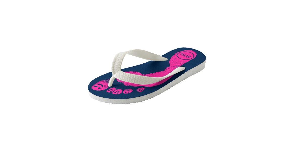 Bubblegum Pink Footprints Smiley-Toes™ Navy Blue Kid's Flip Flops | Zazzle