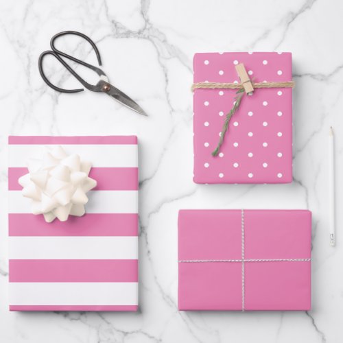 Bubblegum Pink Polka Dot Wide Striped and Solid Wrapping Paper Sheets