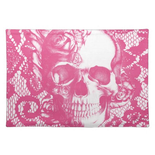 Bubblegum Pink rose skull on lace Placemat