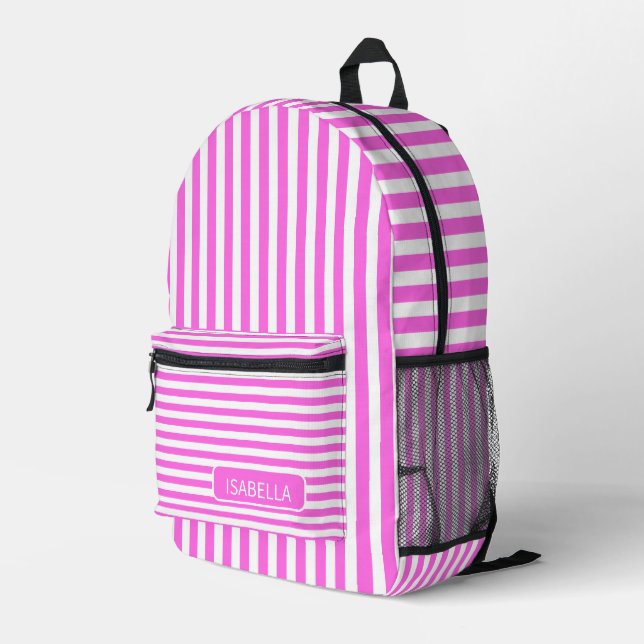 Bubblegum Pink White Vintage Striped Name Printed Backpack (Back Corner Right)