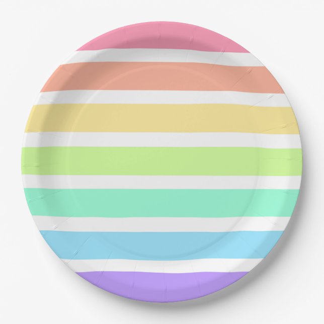 Bubblegum rainbow and white stripes paper plates (Front)