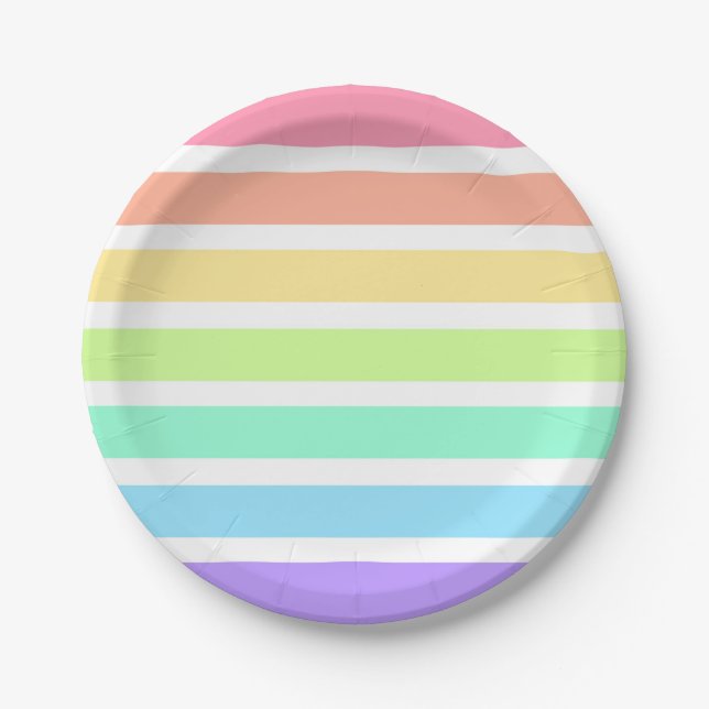 Bubblegum rainbow and white stripes paper plates (Front)