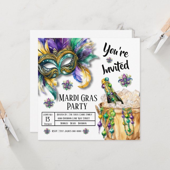 Bubbles and Beads Mardi Gras Party  Invitation (Front/Back In Situ)