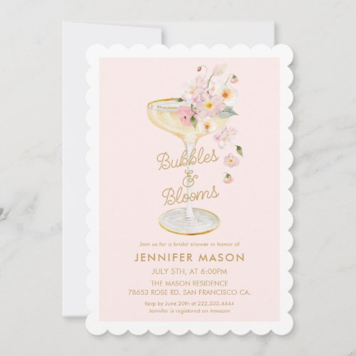 Bubbles and Blooms Pink Floral Bridal Shower Invitation