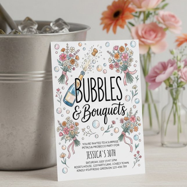 Bubbles and Bouquets Prosecco and Petals Party Invitation (Bubbles & Bouquets perfect for garden brunch & bubbly, flower arranging workshop, petals & prosecco)