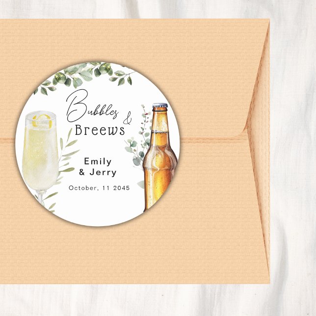 Bubbles And Breews Eucalyptus Couple Shower Party Classic Round Sticker (Creator Uploaded)