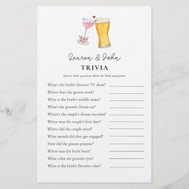 Bubbles and Brew  Couple's Shower Trivia games (Front)