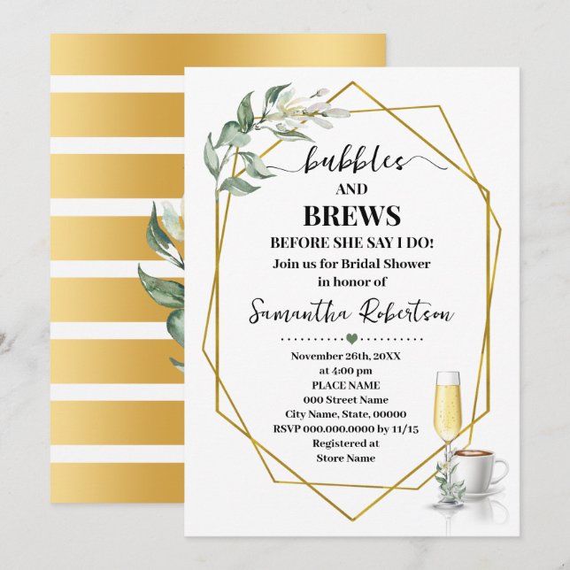 Bubbles and Brews Before I do Greenery Gold Invitation (Front/Back)