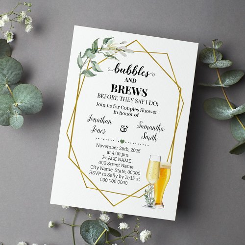 Bubbles and brews before I do greenery gold Invitation