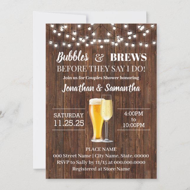 Bubbles and brews before I do rustic wedding Invitation (Front)