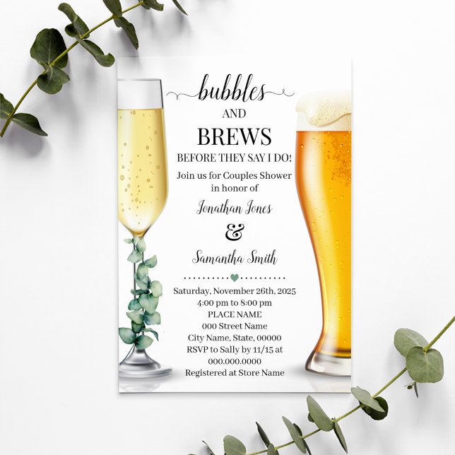 Bubbles and brews before I do shower greenery Invitation
