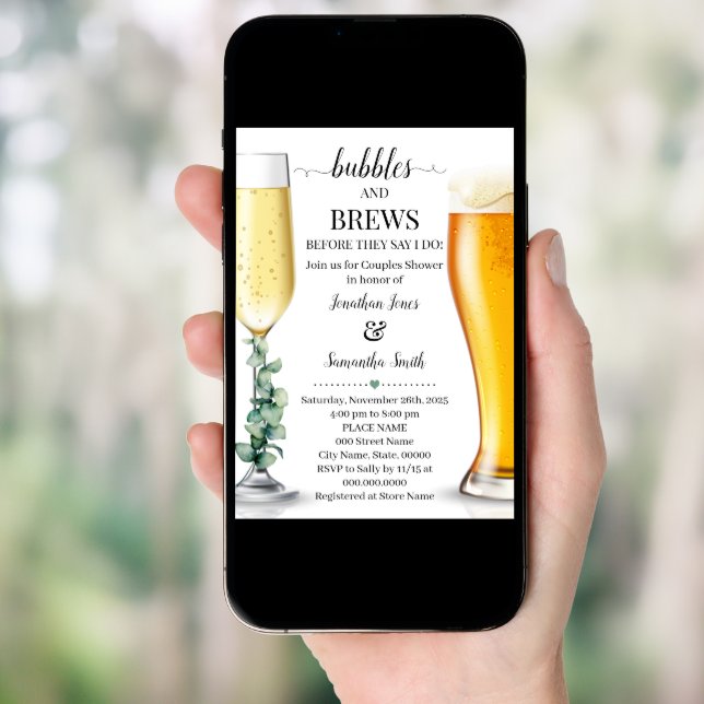 Bubbles and brews before I do shower greenery Invitation (Front Digital)