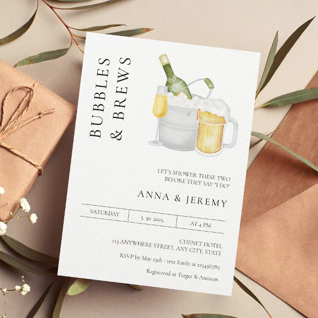 Bubbles and Brews Couples Shower Modern Minimalist Invitation Zazzle