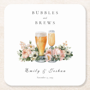 Bubbles and Brews Couples Shower Square Paper Coaster