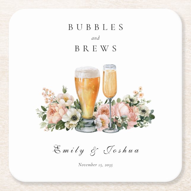 Bubbles and Brews Couples Shower Square Paper Coaster (Front)