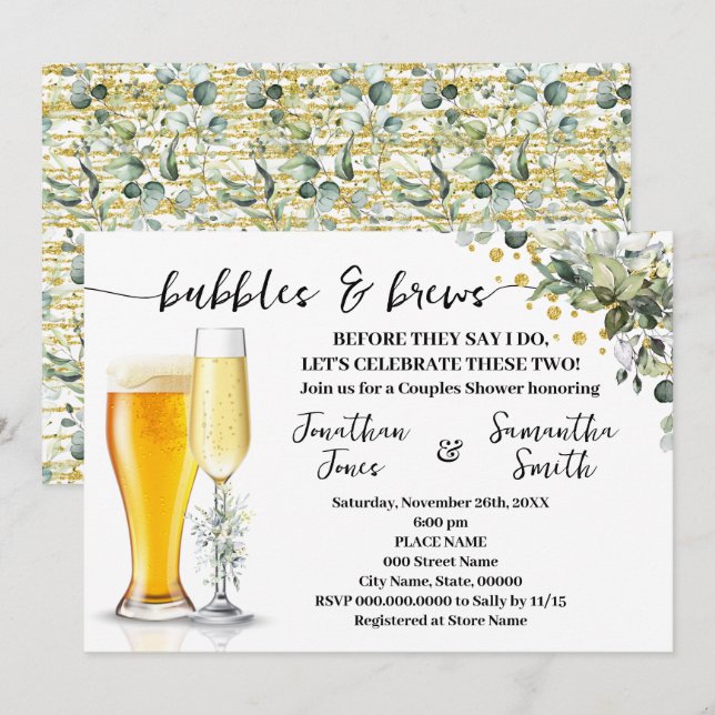 Bubbles and Brews Eucalyptus & Gold Couples Shower Invitation (Front/Back)