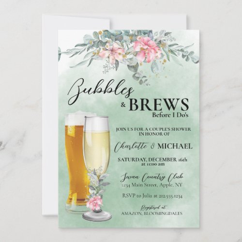 Bubbles and Brews Sage Green Shower Invitation