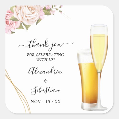 Bubbles and Brews Thank You Roses Wedding  Square Sticker