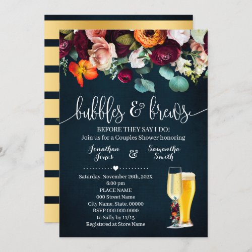 Bubbles and Brews Wine Flowers Blue Wedding Shower Invitation