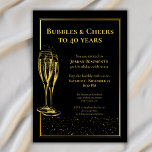 Bubbles and Cheers Black Gold 40th Birthday Party Invitation<br><div class="desc">Mark the milestone in sophistication with this customizable birthday invitation. The bold headline “Bubbles and Cheers to 40 Years” stands out in golden serif font against a black background with an elegant golden border. Champagne glasses with bubbles add a festive touch on the front and back. All party details are...</div>