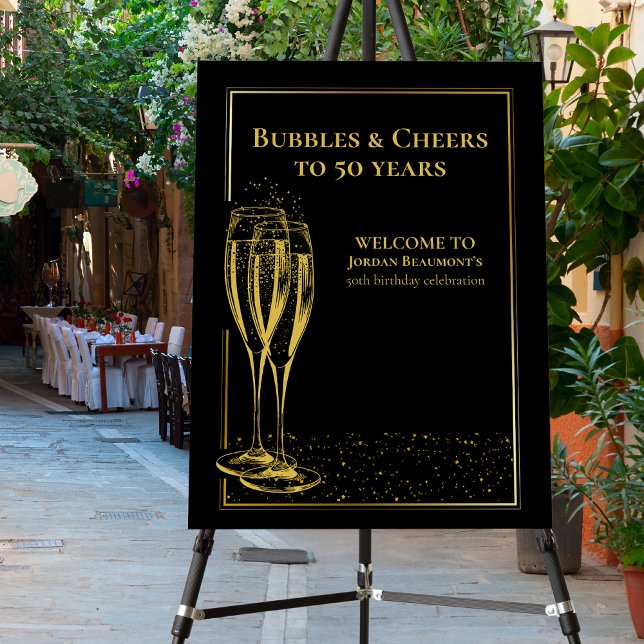 Bubbles and Cheers Black Gold 50th Birthday Party Foam Board (Creator Uploaded)