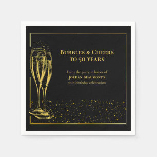 Bubbles and Cheers Black Gold 50th Birthday Party Napkins