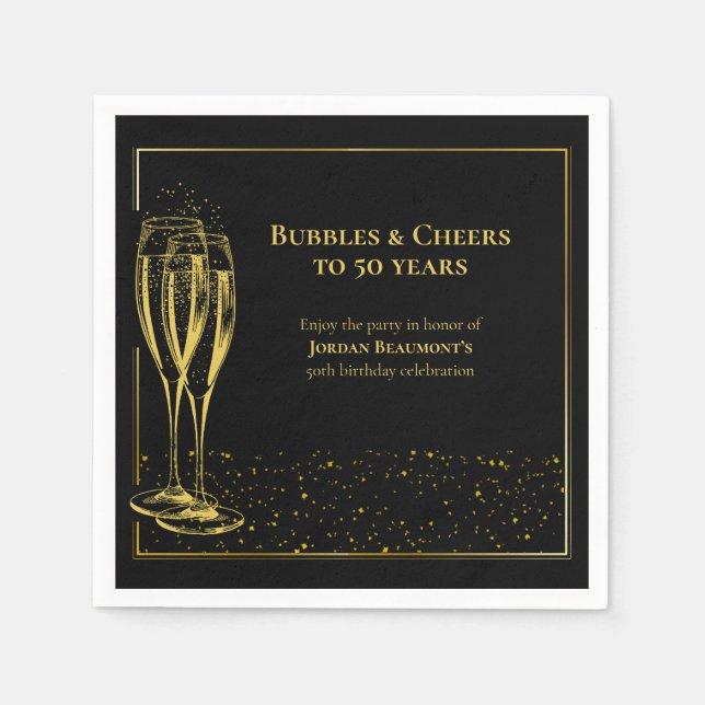 Bubbles and Cheers Black Gold 50th Birthday Party Napkins (Front)