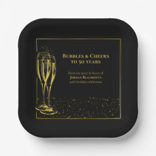 Bubbles and Cheers Black Gold 50th Birthday Party Paper Plates