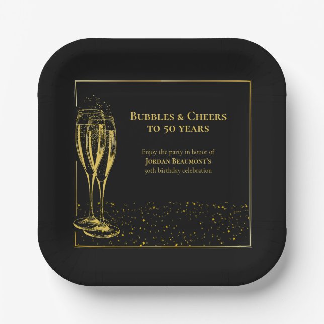 Bubbles and Cheers Black Gold 50th Birthday Party Paper Plates (Front)