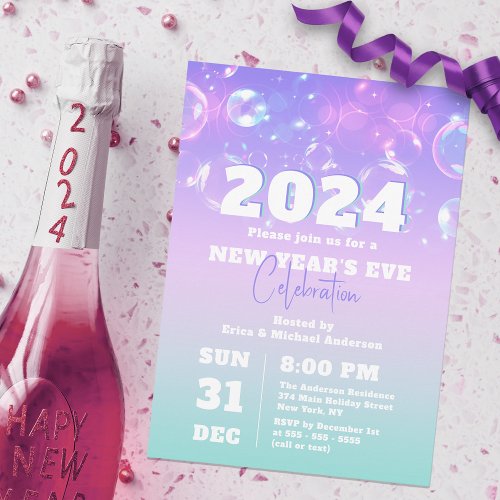 Bubbles and Lights 2024 New Years Eve Celebration Invitation