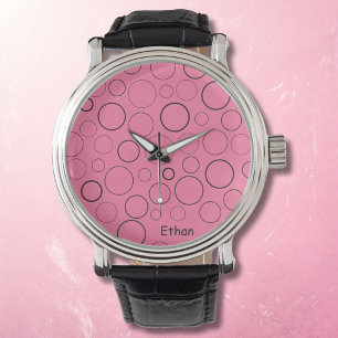 Bubbles and rings, black circles on pink watch