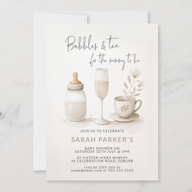 Bubbles and tea for the mommy to be baby shower invitation (Front)