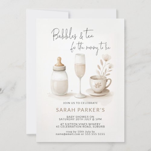 Bubbles and tea for the mommy to be baby shower invitation