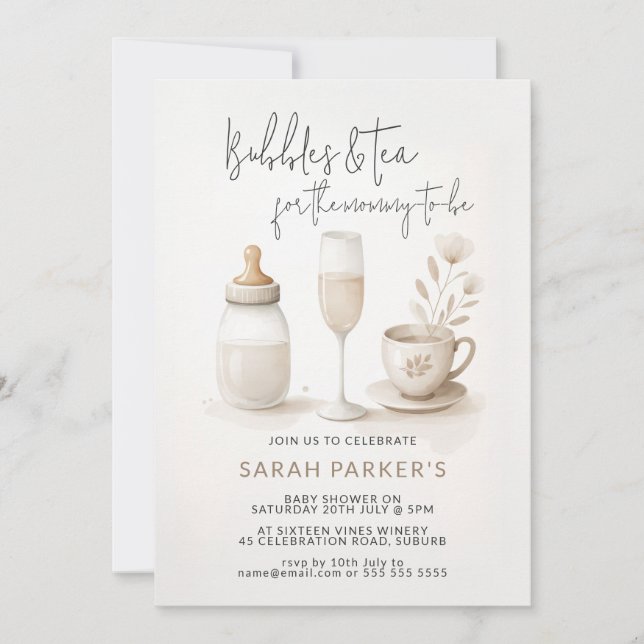 Bubbles and Tea for the Mommy to be Baby Shower Invitation (Front)
