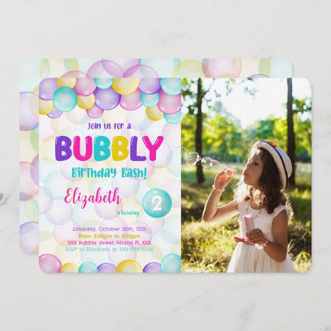 Bubbles Birthday Photo Invitation (Front/Back)
