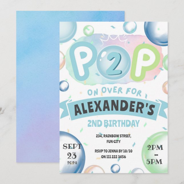 Bubbles Birthday Pop On Over Kids 1st 2nd 3rd 4th  Invitation (Front/Back)