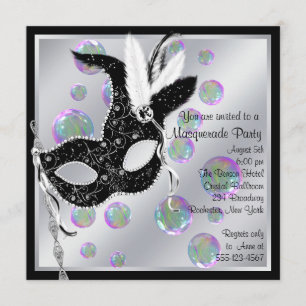 Bubbles Black and White Masquerade Party Invitation