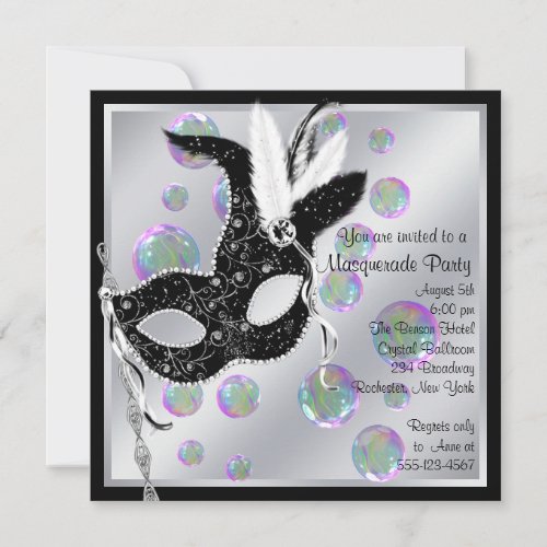 Bubbles Black and White Masquerade Party Invitation