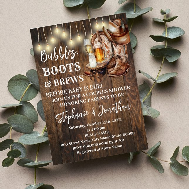 Bubbles Boots & Brews Before Baby Due Baby Shower Invitation (Creator Uploaded)