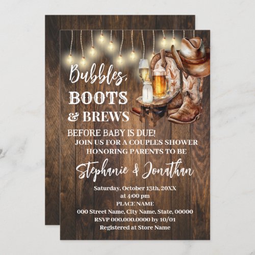 Bubbles Boots  Brews Before Baby Due Baby Shower Invitation