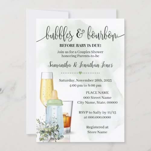 Bubbles  Bourbon Before Baby Due Greenery Shower Invitation